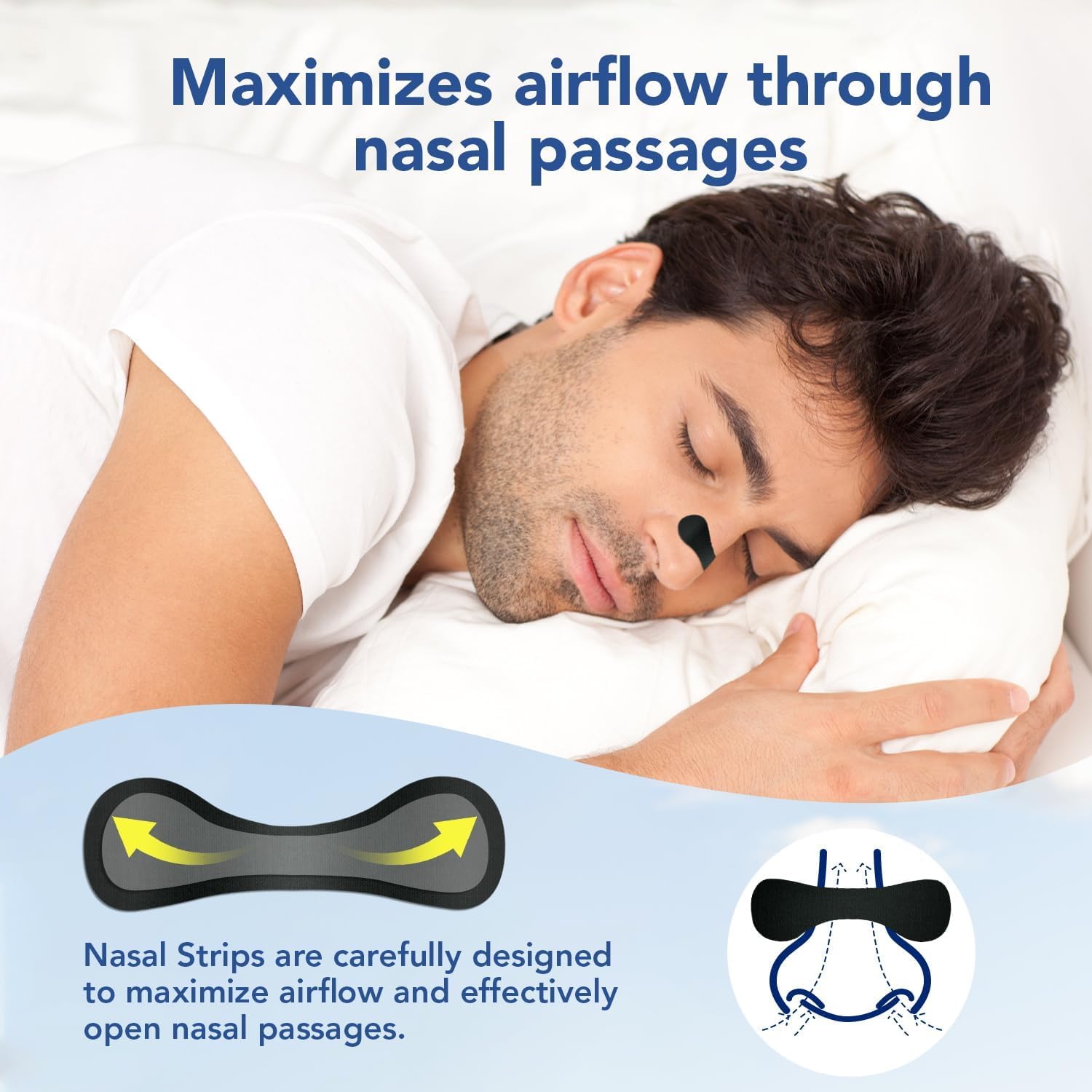 Black athletic nose strips applied on a person for snoring and breathing improvement
