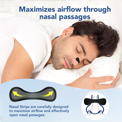Black athletic nose strips applied on a person for snoring and breathing improvement