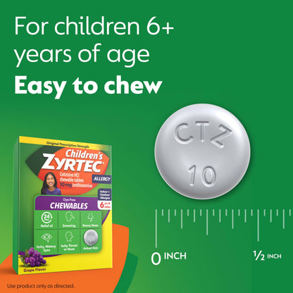 Side view of Childrens Zyrtec allergy chewables highlighting the dye free and grape flavor labels