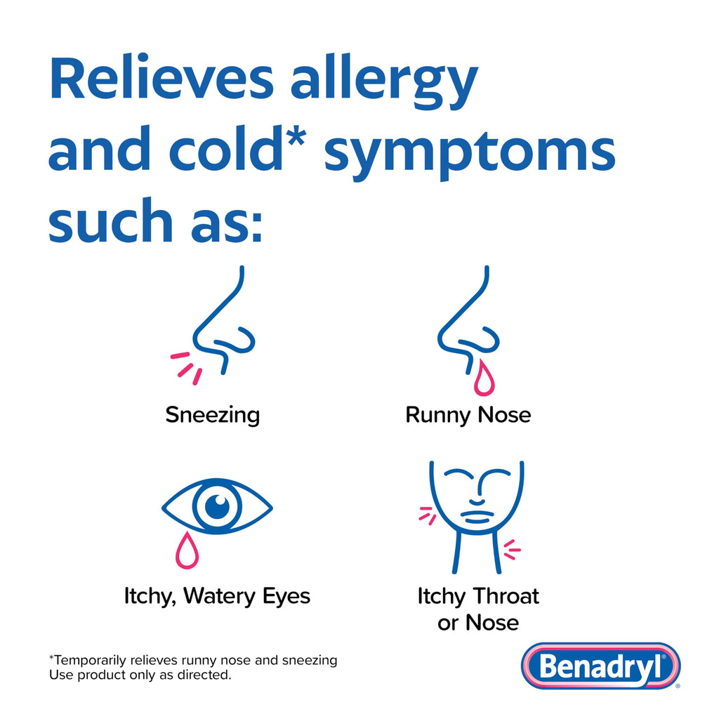 Benadryl allergy medicine small coated tablets easy to swallow close up