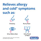 Benadryl allergy medicine small coated tablets easy to swallow close up