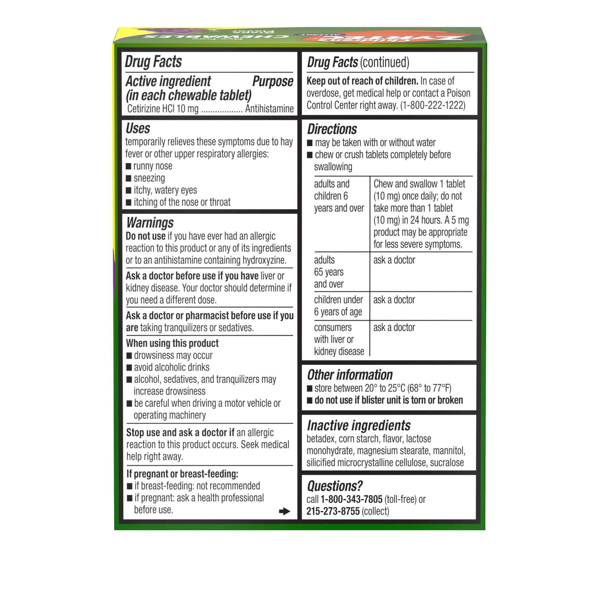 Zyrtec Childrens Chewables container showing dosage instructions and expiration date safety details