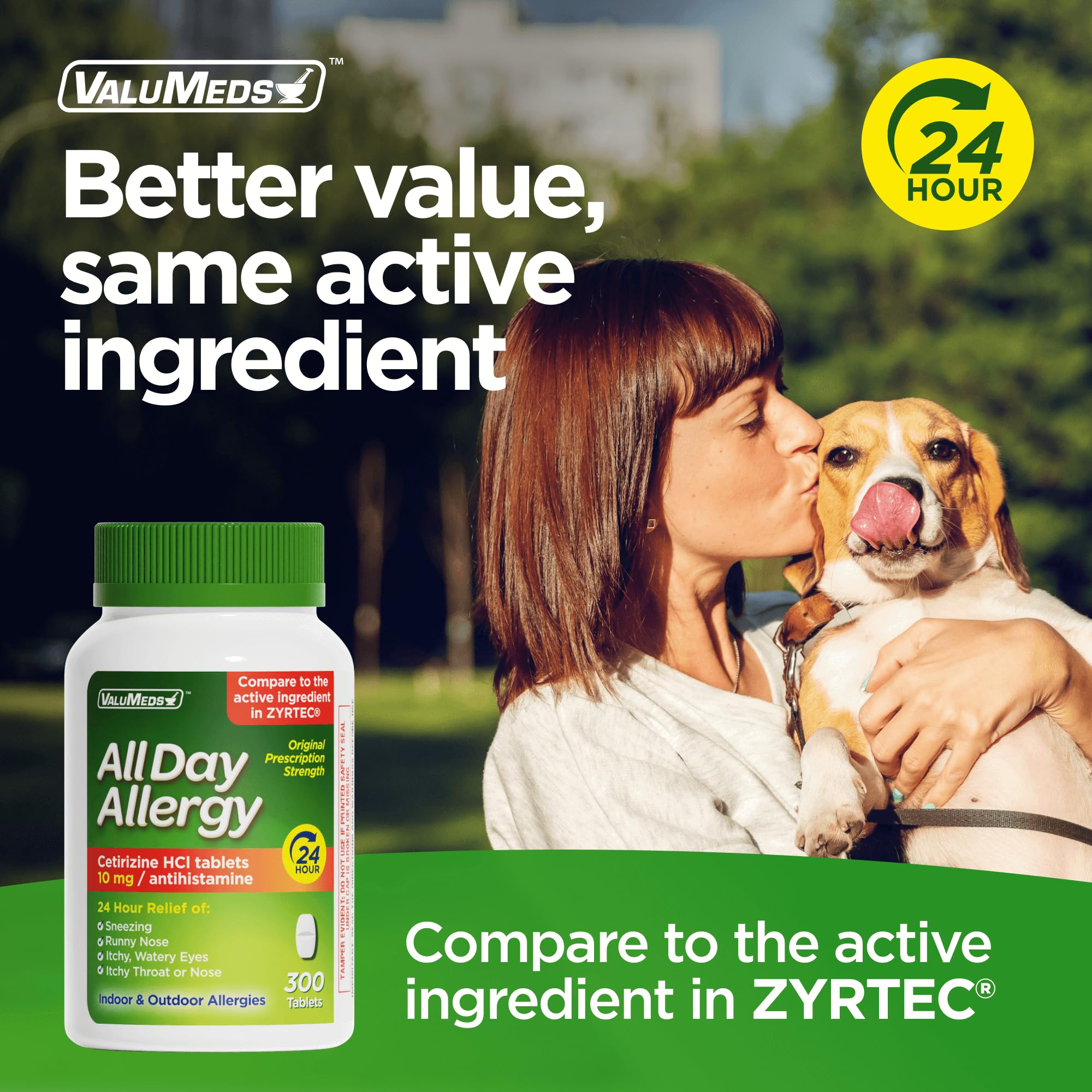 ValuMeds cetirizine hydrochloride 10mg pills bottle showing supplement facts and antihistamine ingredients