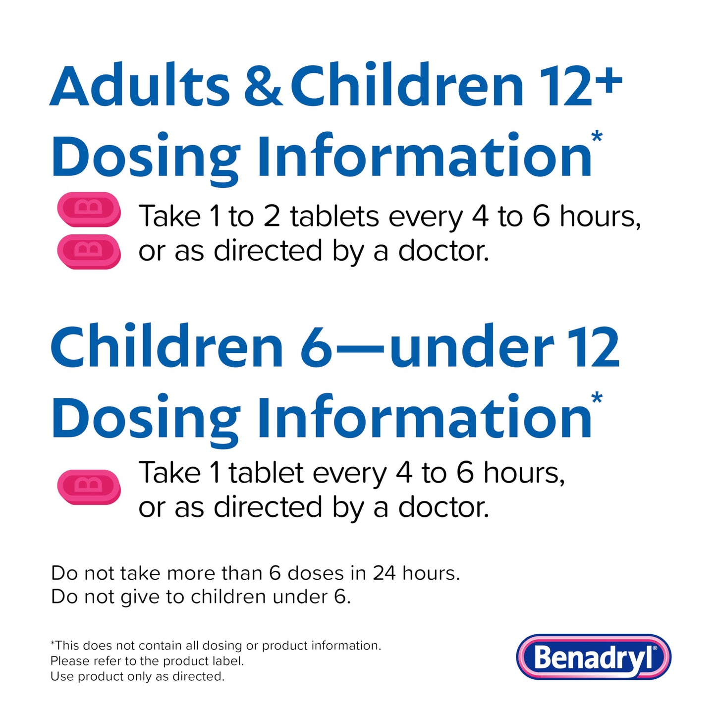 Benadryl pink and blue packaging showing dosage directions and warnings