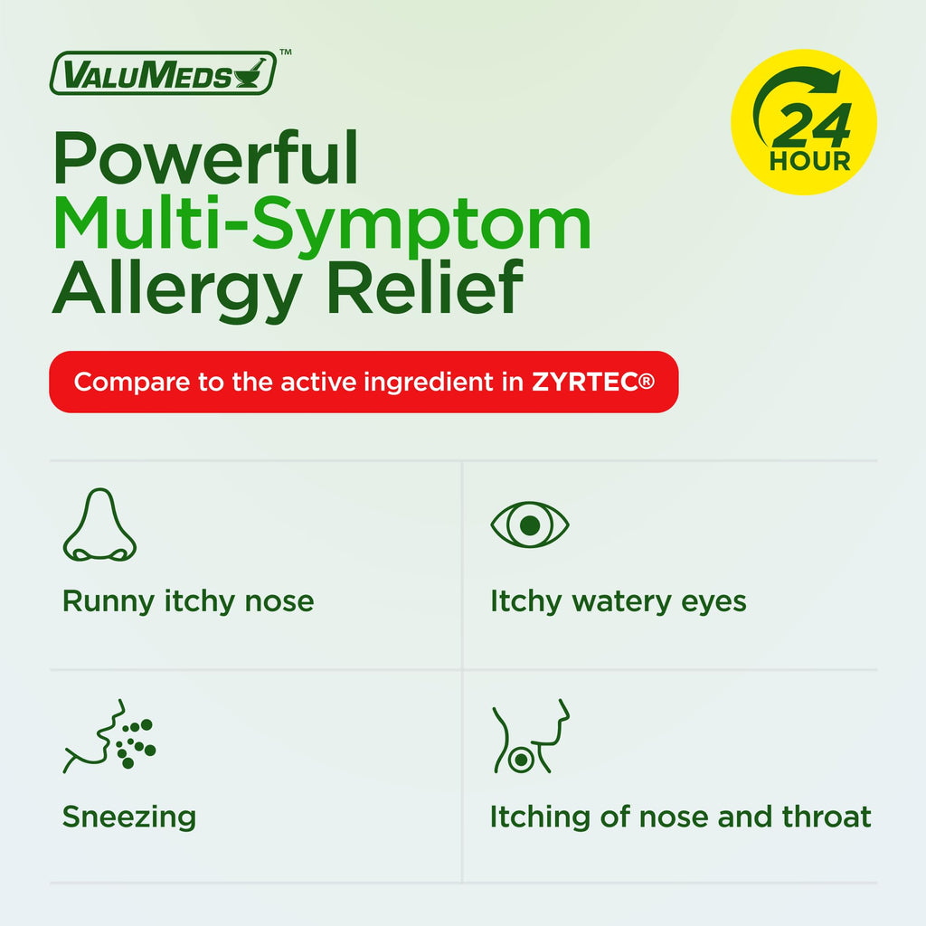 Close up view of ValuMeds allergy caplets bottle showing authentic imported seal and product details