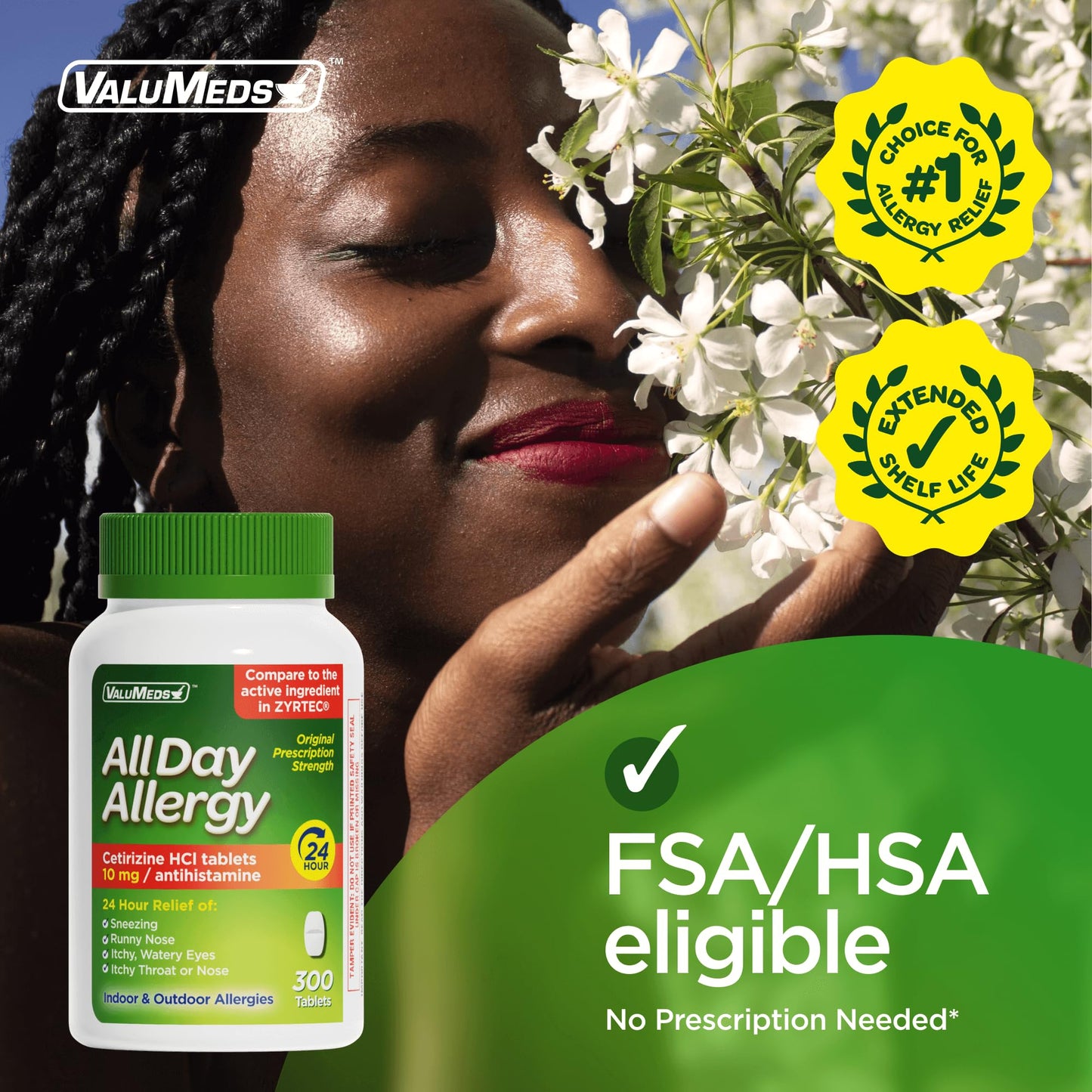 ValuMeds allergy medicine 300 tablets container highlighting clinical strength runny nose relief