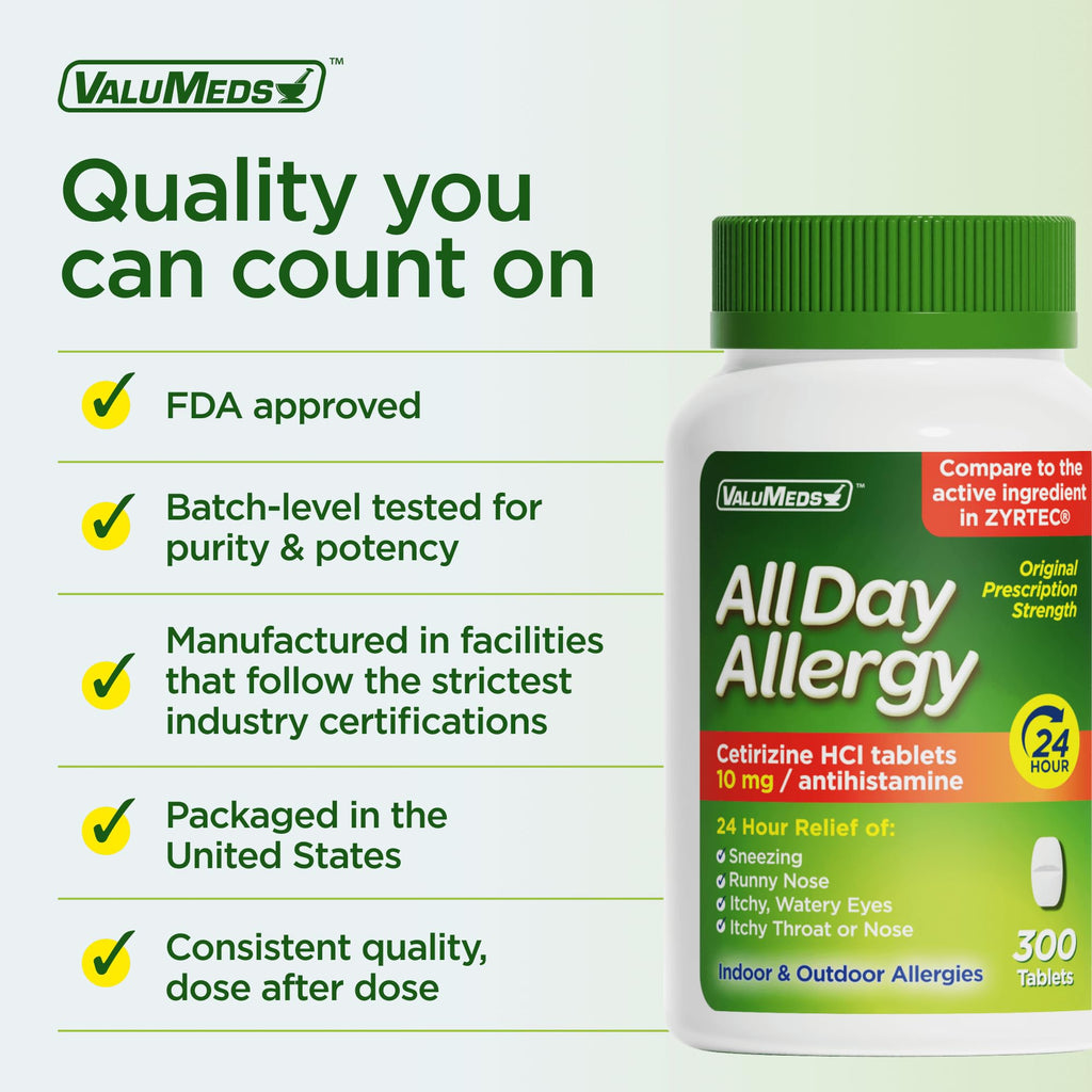 Side panel of ValuMeds allergy relief bottle showing dosage instructions for adults and children