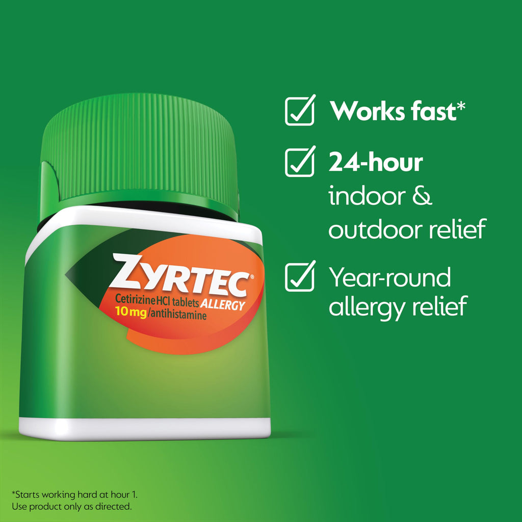 Zyrtec twenty-four hour allergy tablets drug facts panel listing ingredients and warnings clearly