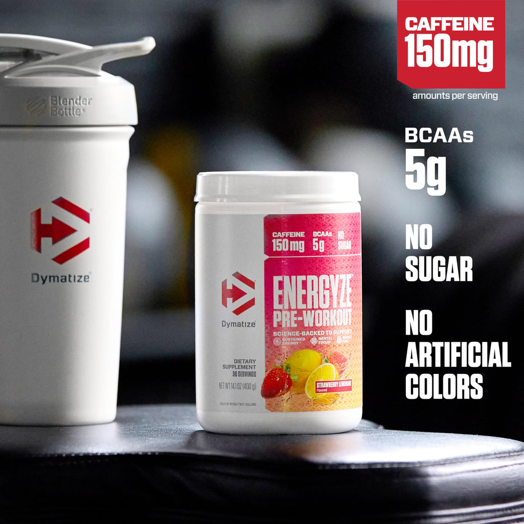Dymatize clean energy supplement tub with 150mg caffeine callout