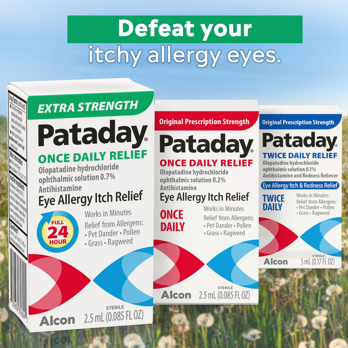 Close up of the two 2.5 Milliliter dropper bottles of Alcon Pataday eye relief