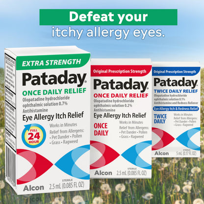 Close up of the two 2.5 Milliliter dropper bottles of Alcon Pataday eye relief