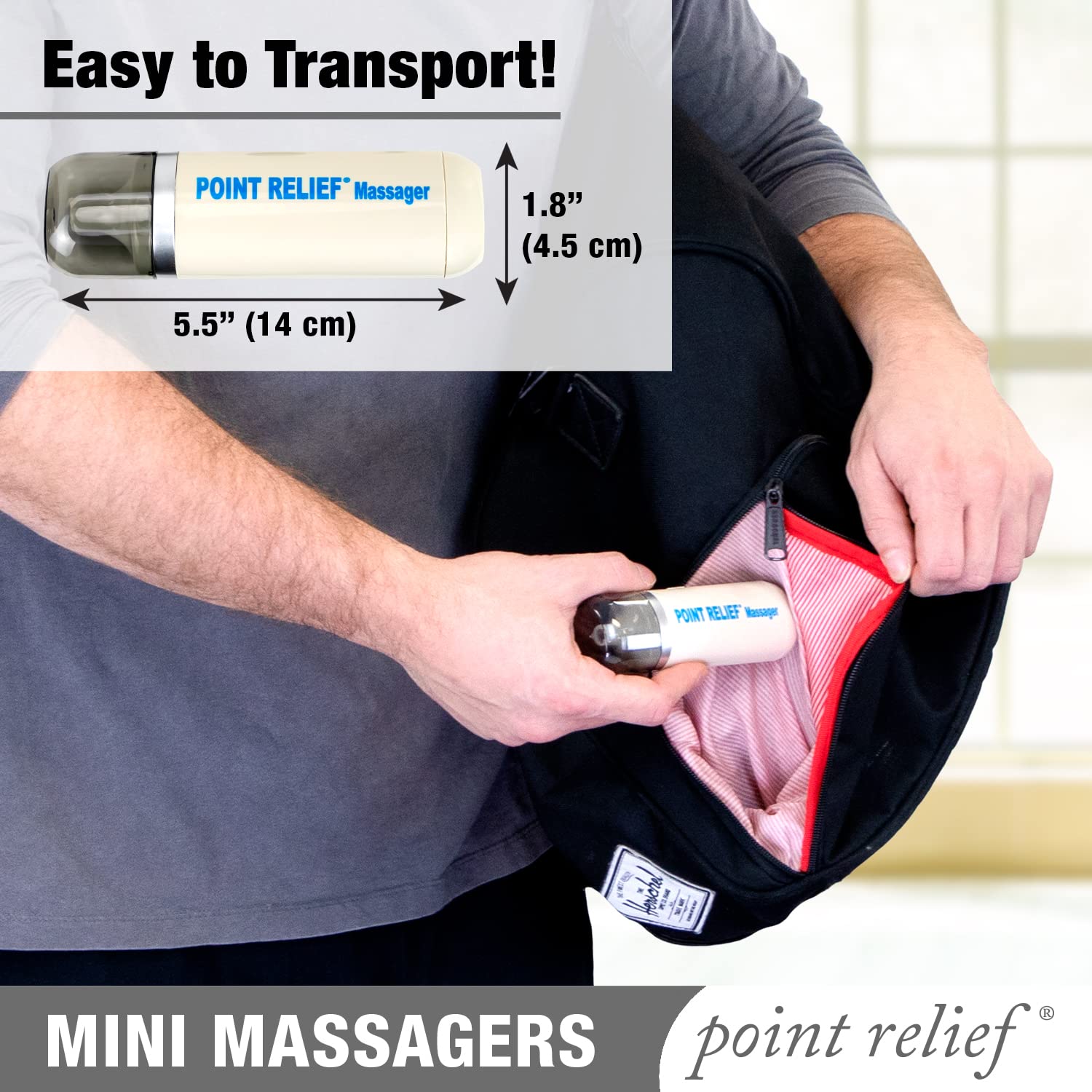 Point Relief mini massager held in hand demonstrating size