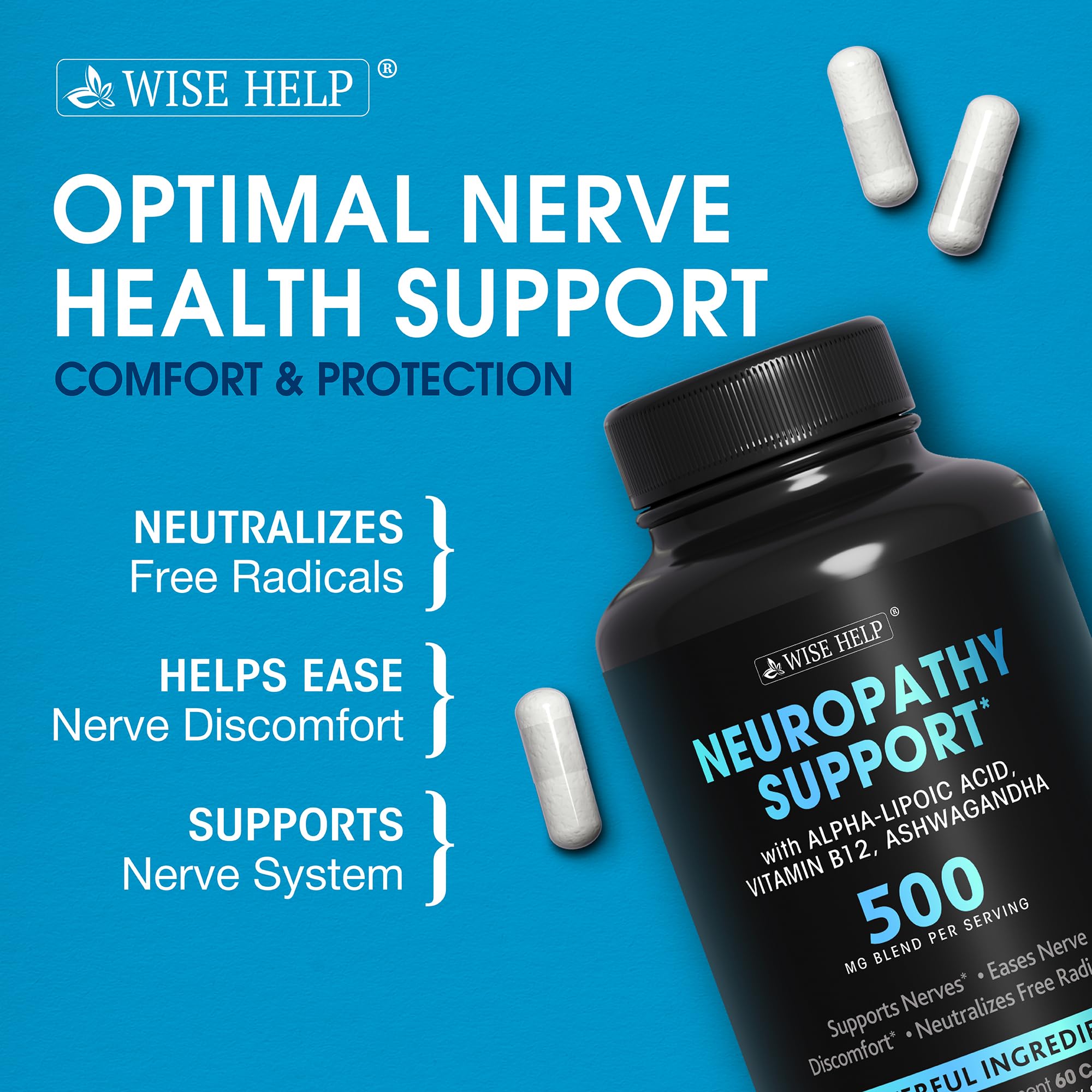 Back of Wisehelp Neuropathy Support bottle showing ingredients