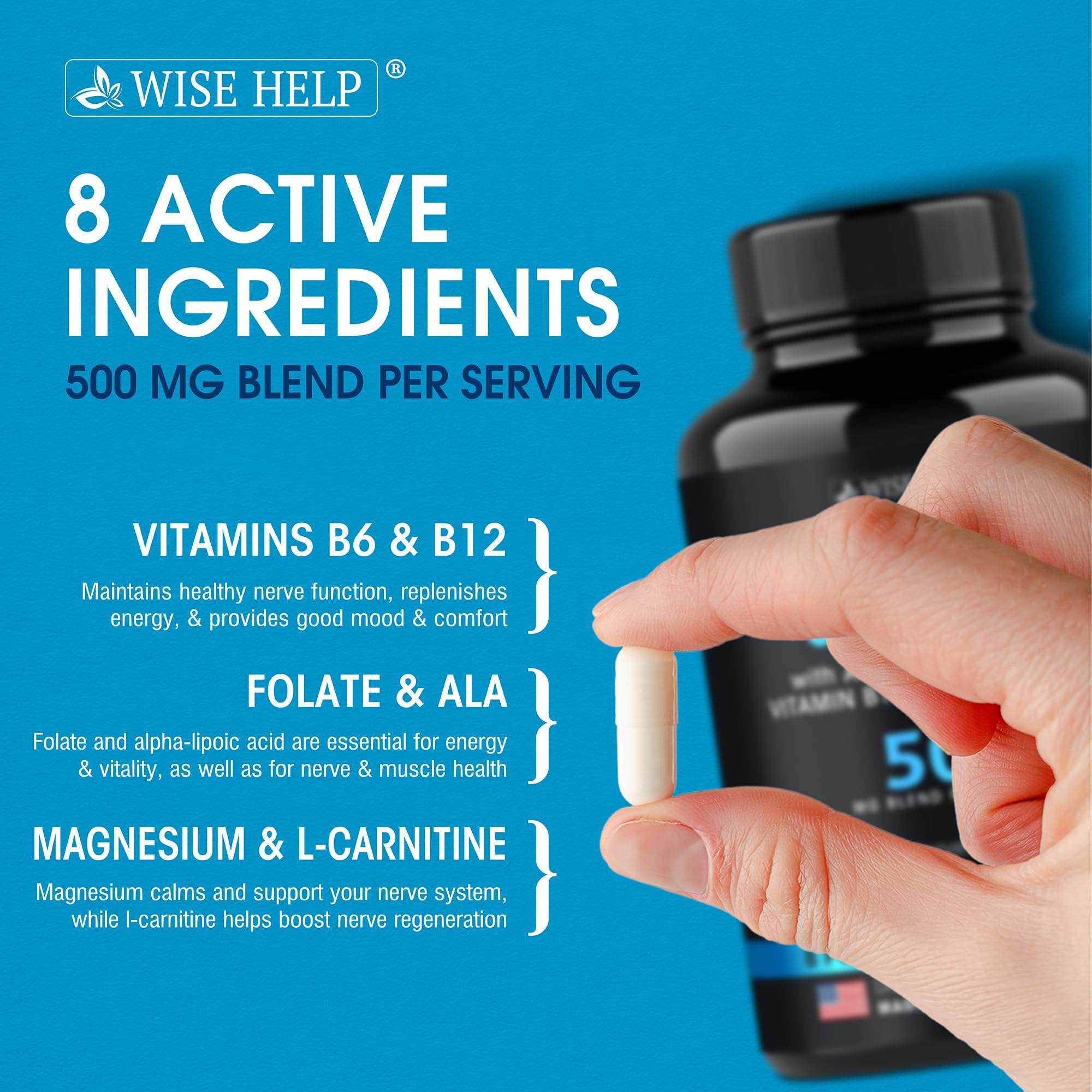 Close up of Wisehelp USA made neuropathy support branding