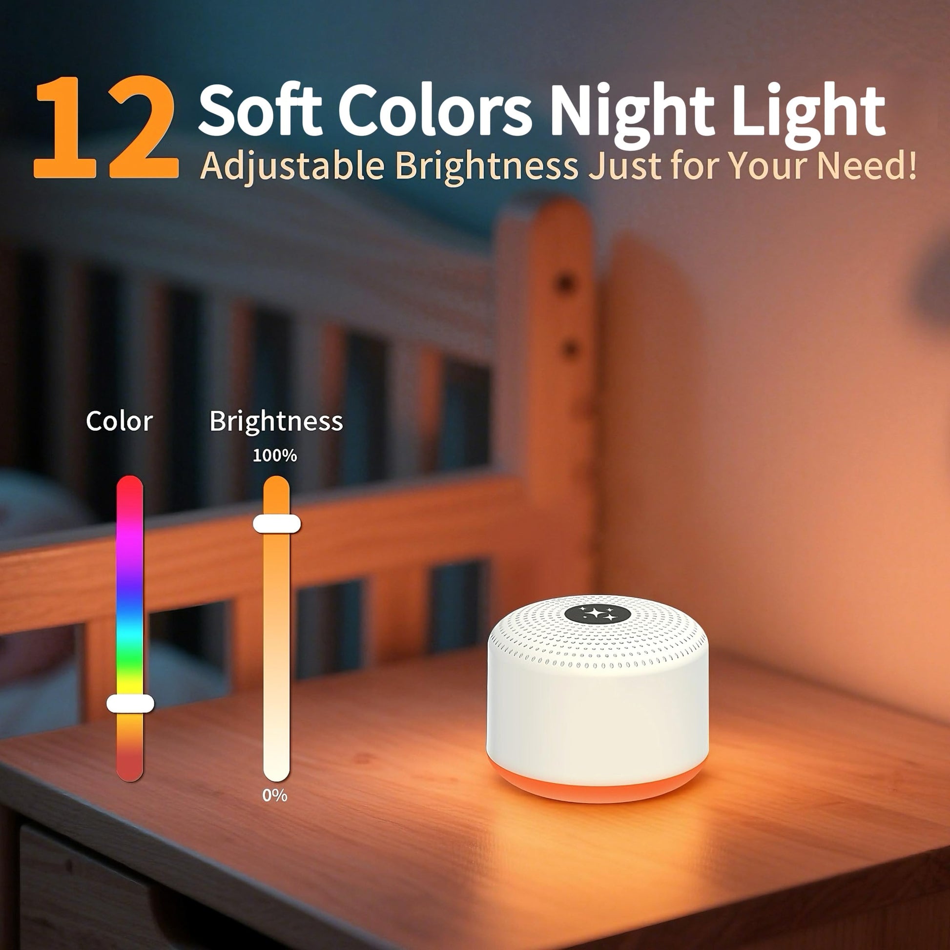 White noise device highlighting volume controls and timer settings for nursery use