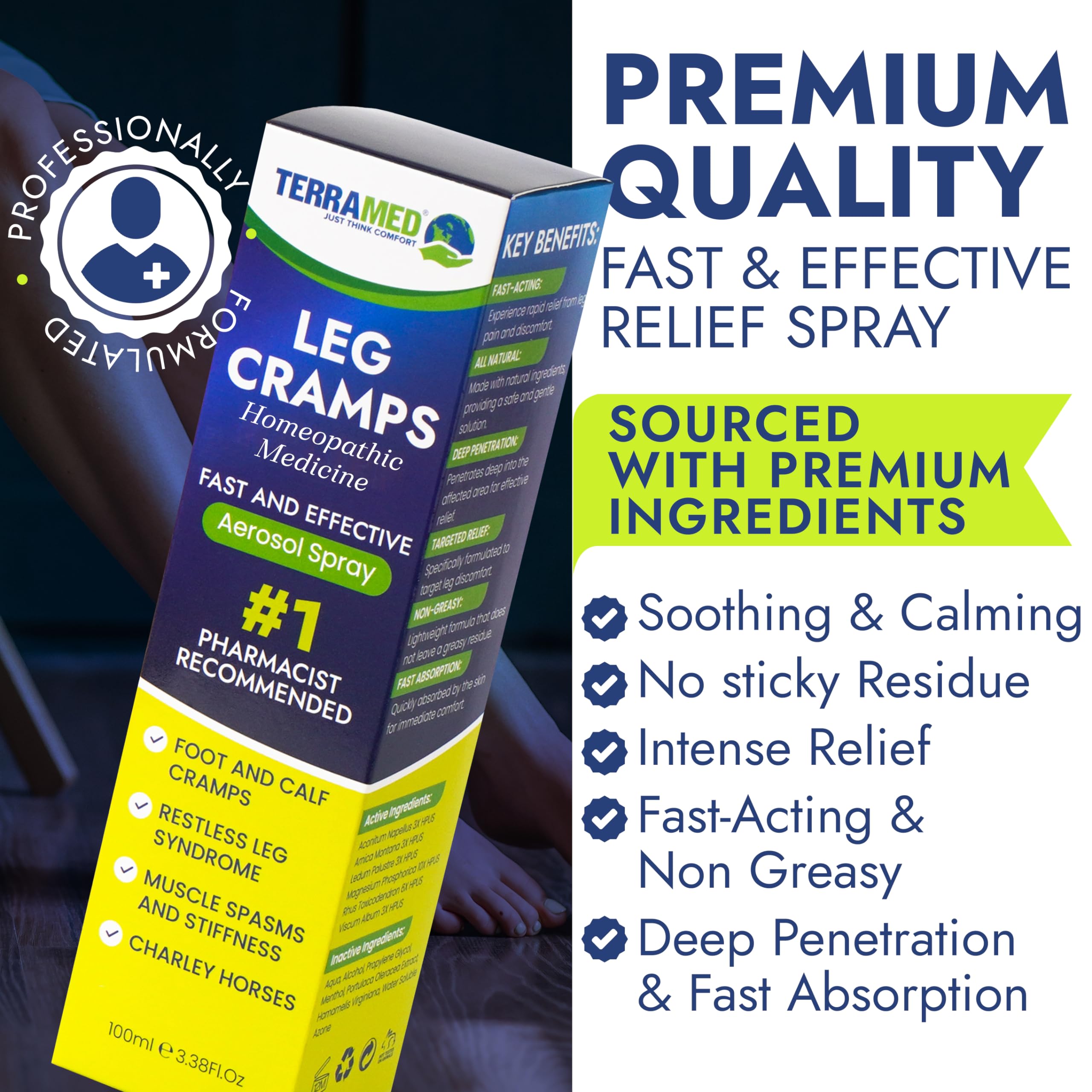 Terramed Leg Cramp Relief Spray application diagram for calf and foot