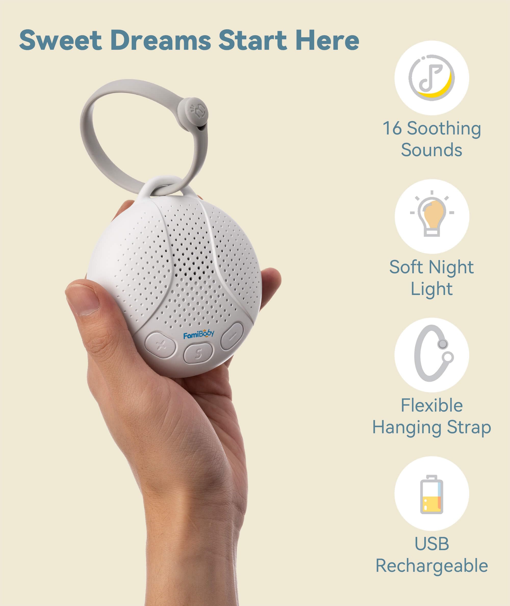 FamiBaby white noise device close up highlighting the integrated soft glow nursery night light feature.
