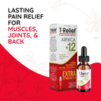 Detailed label of MediNatura T-Relief homeopathic liquid drops showing active ingredients.