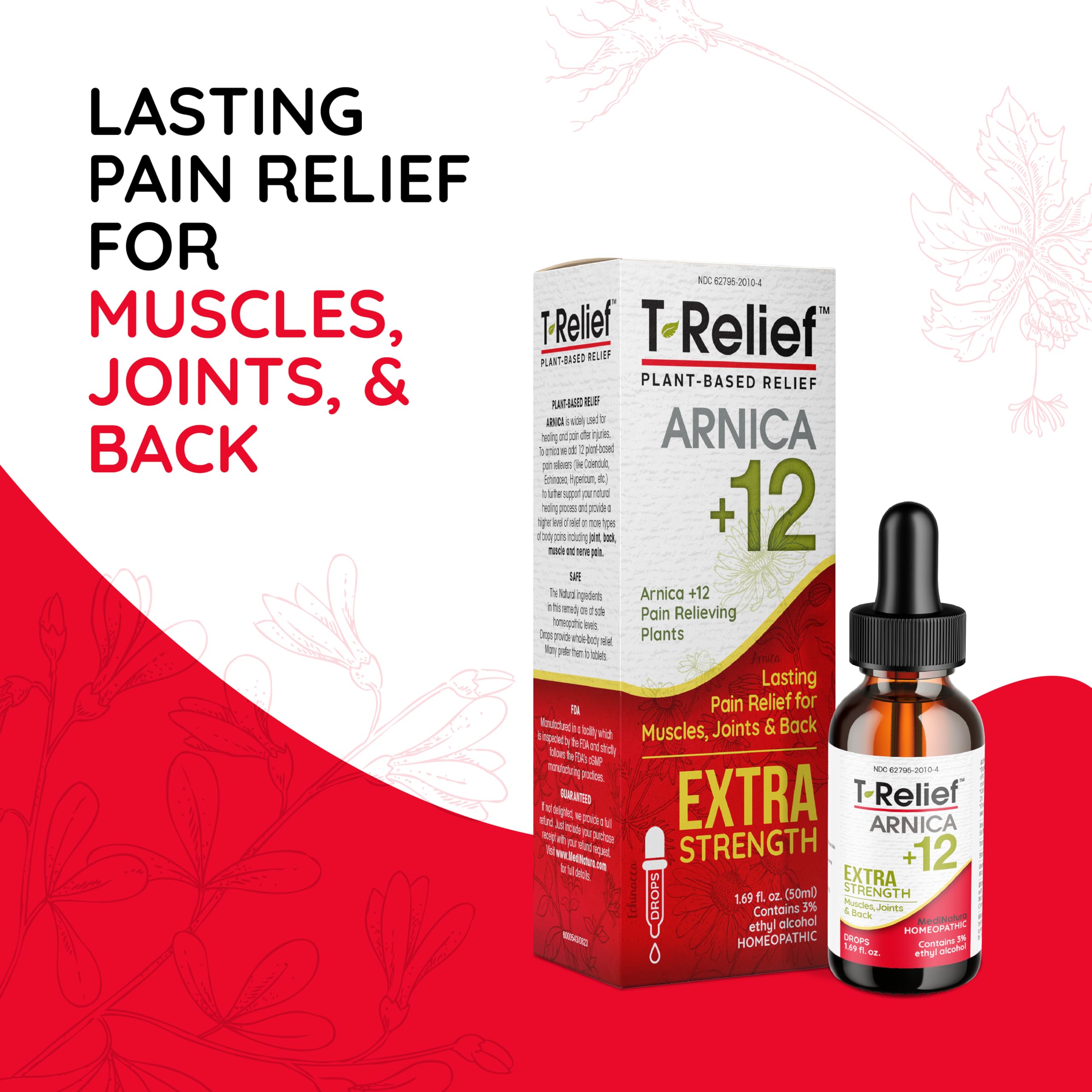 Detailed label of MediNatura T-Relief homeopathic liquid drops showing active ingredients.