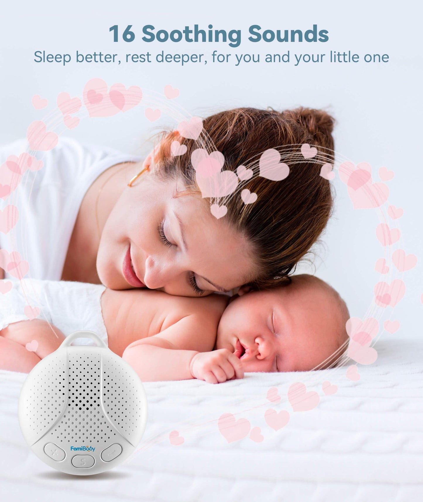 FamiBaby portable sound machine next to a travel diaper bag showing its compact and lightweight design.