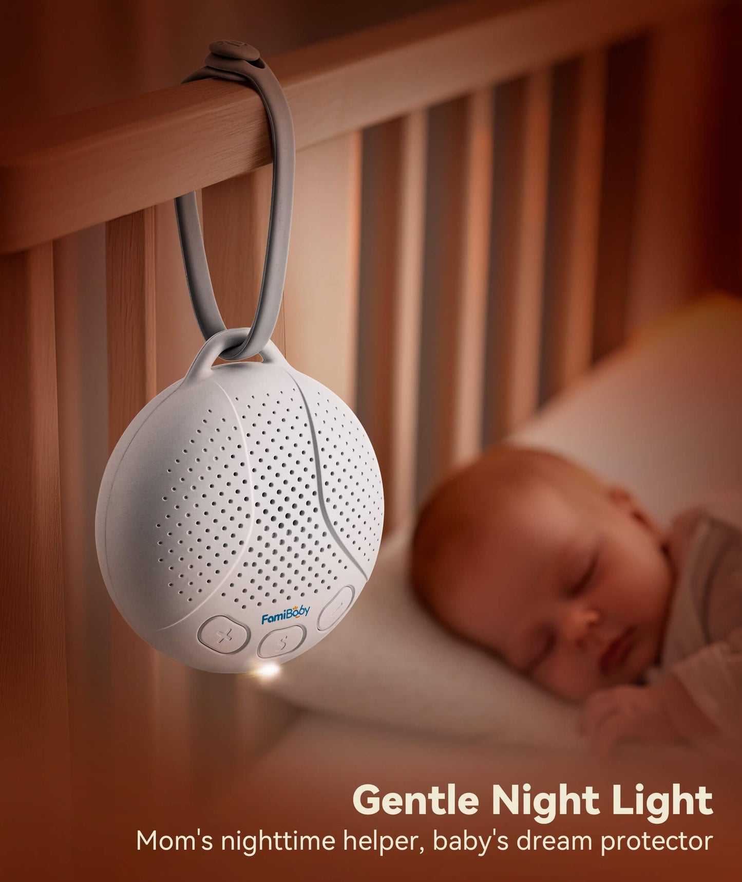 FamiBaby white noise machine top view focusing on the clear one touch operation and timer buttons.