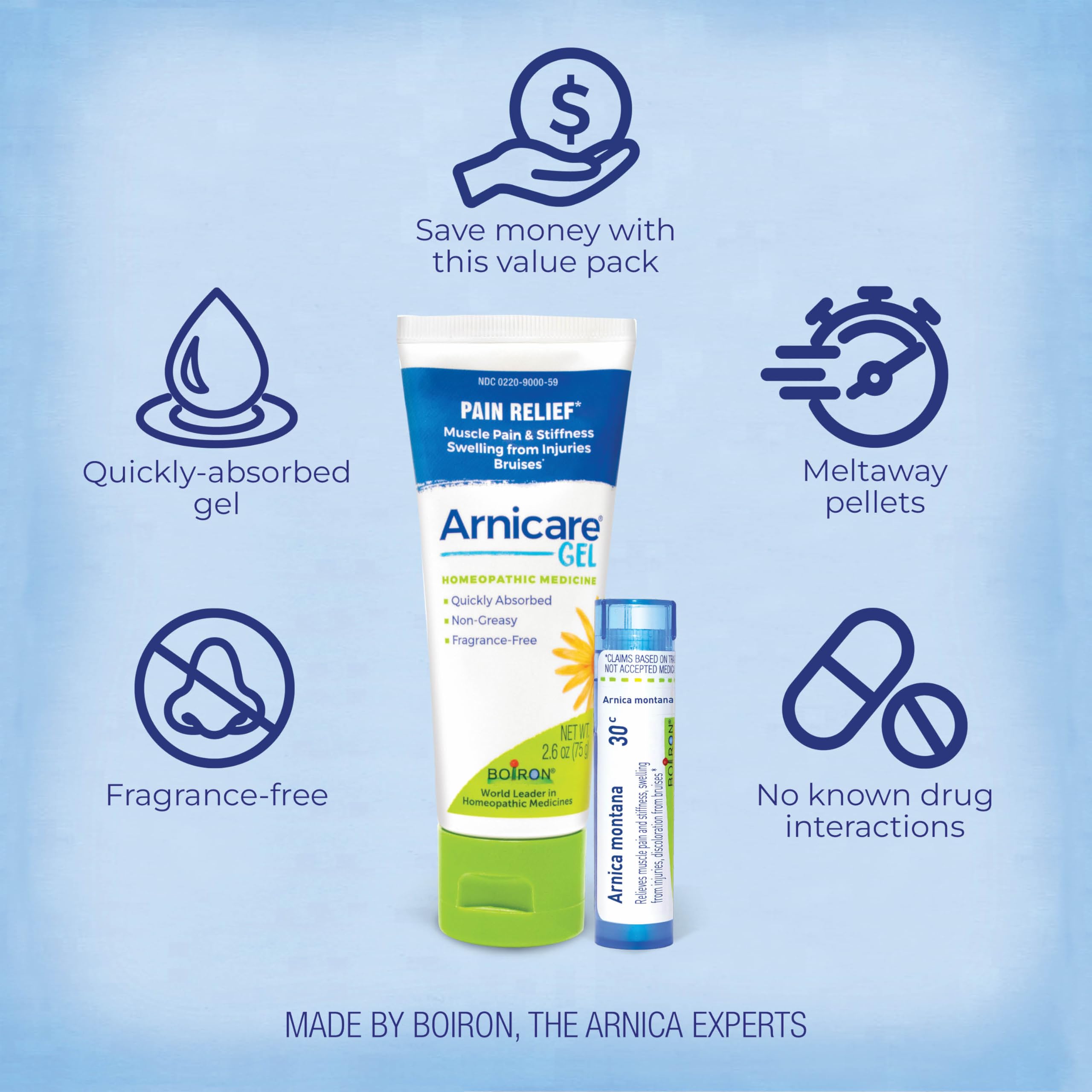 Back of Boiron Arnicare packaging showing ingredients and directions