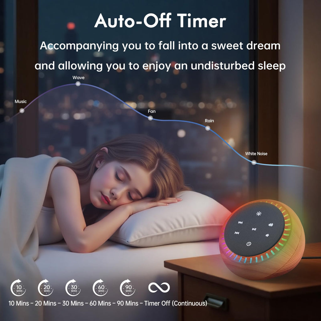 DreamSky white noise machine placed on a modern wooden bedside table next to a sleeping infant.