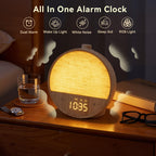 Vivilumens dual alarm clock close up highlighting the sleek wood grain finish texture and the touch control button panel.