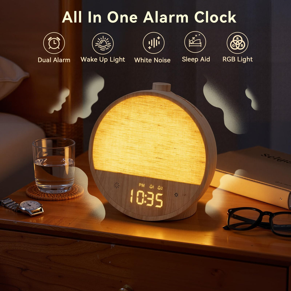 Vivilumens dual alarm clock close up highlighting the sleek wood grain finish texture and the touch control button panel.