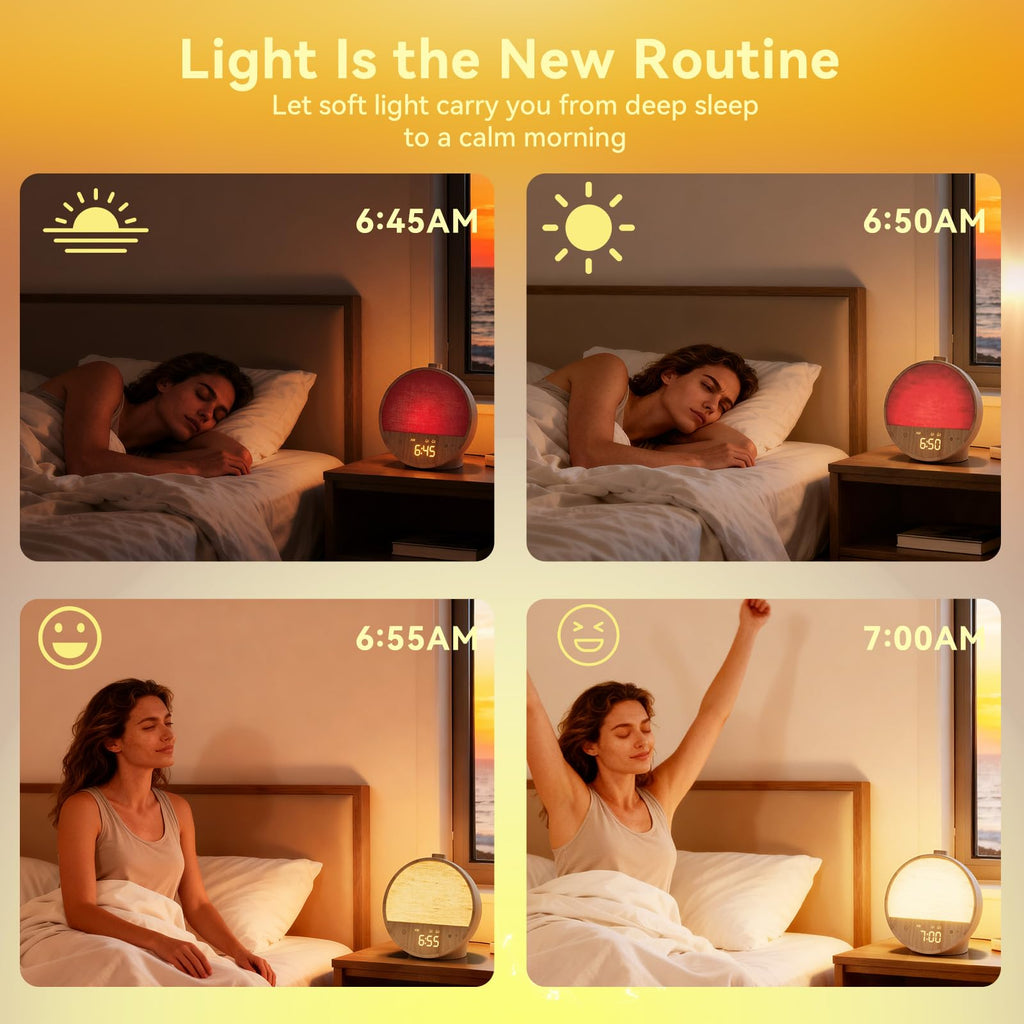 Vivilumens bedside sleep aid machine operating its multi color RGB mood lighting feature in a dark bedroom setting.