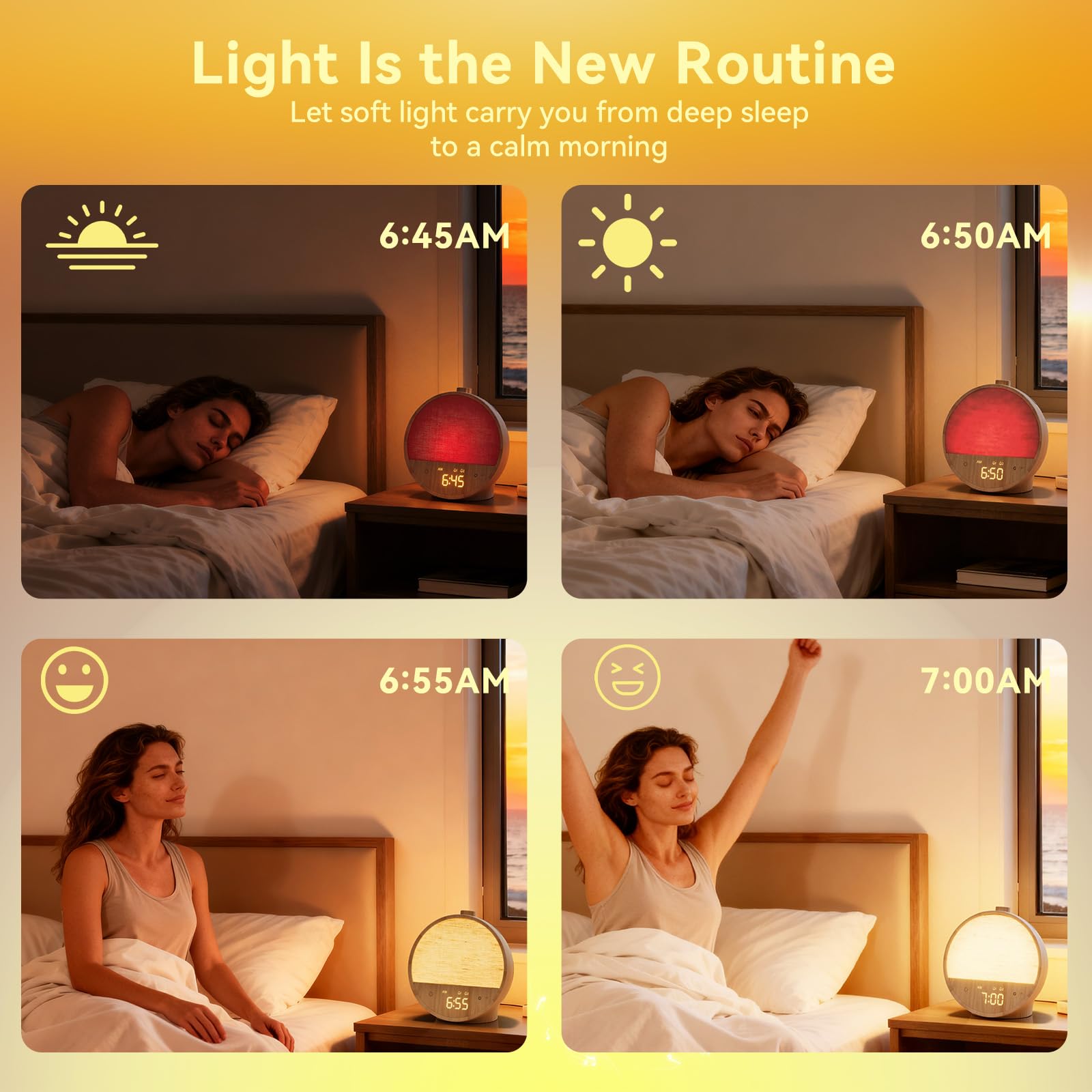 Vivilumens bedside sleep aid machine operating its multi color RGB mood lighting feature in a dark bedroom setting.