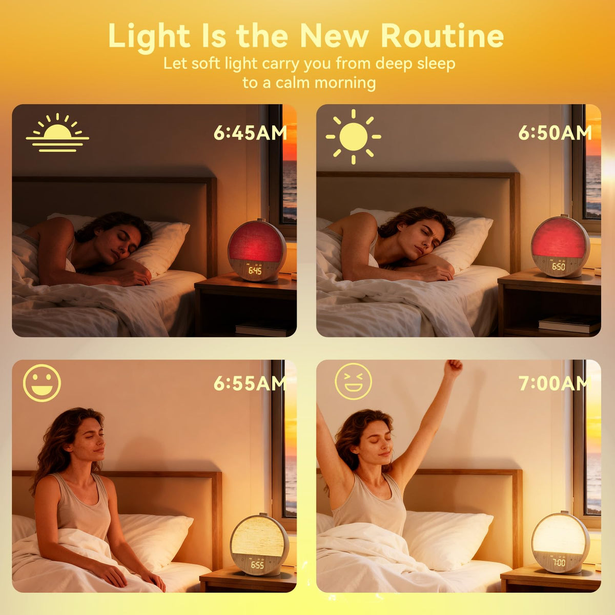 Vivilumens bedside sleep aid machine operating its multi color RGB mood lighting feature in a dark bedroom setting.