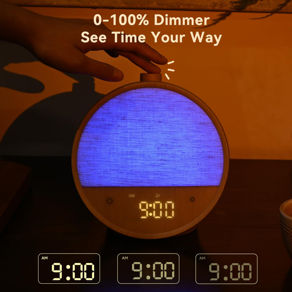 Vivilumens sound machine and clock packaging detailing the natural sleep sounds and white noise features.