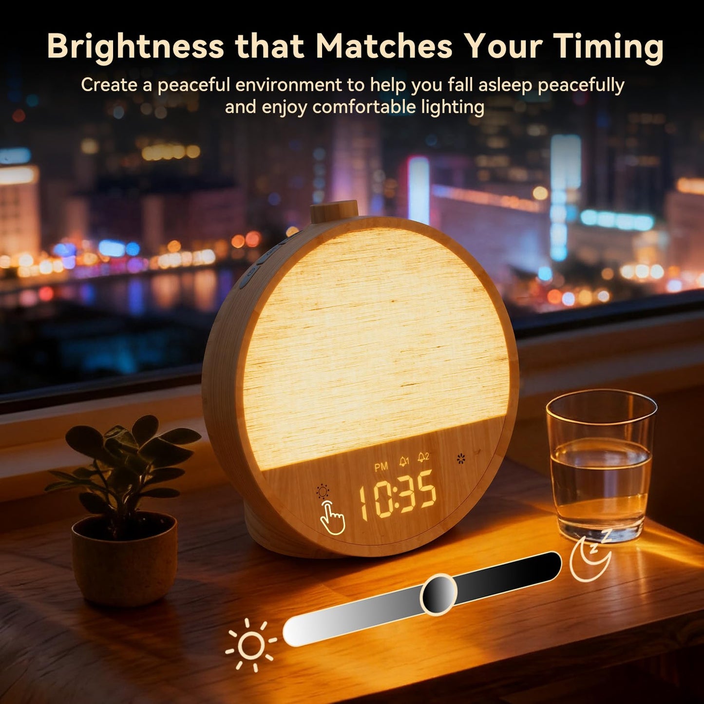 Vivilumens wood grain dawn simulator illuminating a modern bedroom interior with a warm yellow glow.