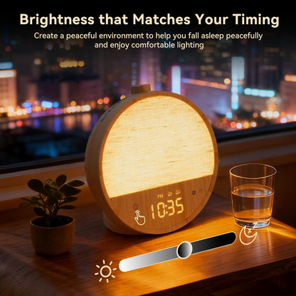 Vivilumens wood grain dawn simulator illuminating a modern bedroom interior with a warm yellow glow.