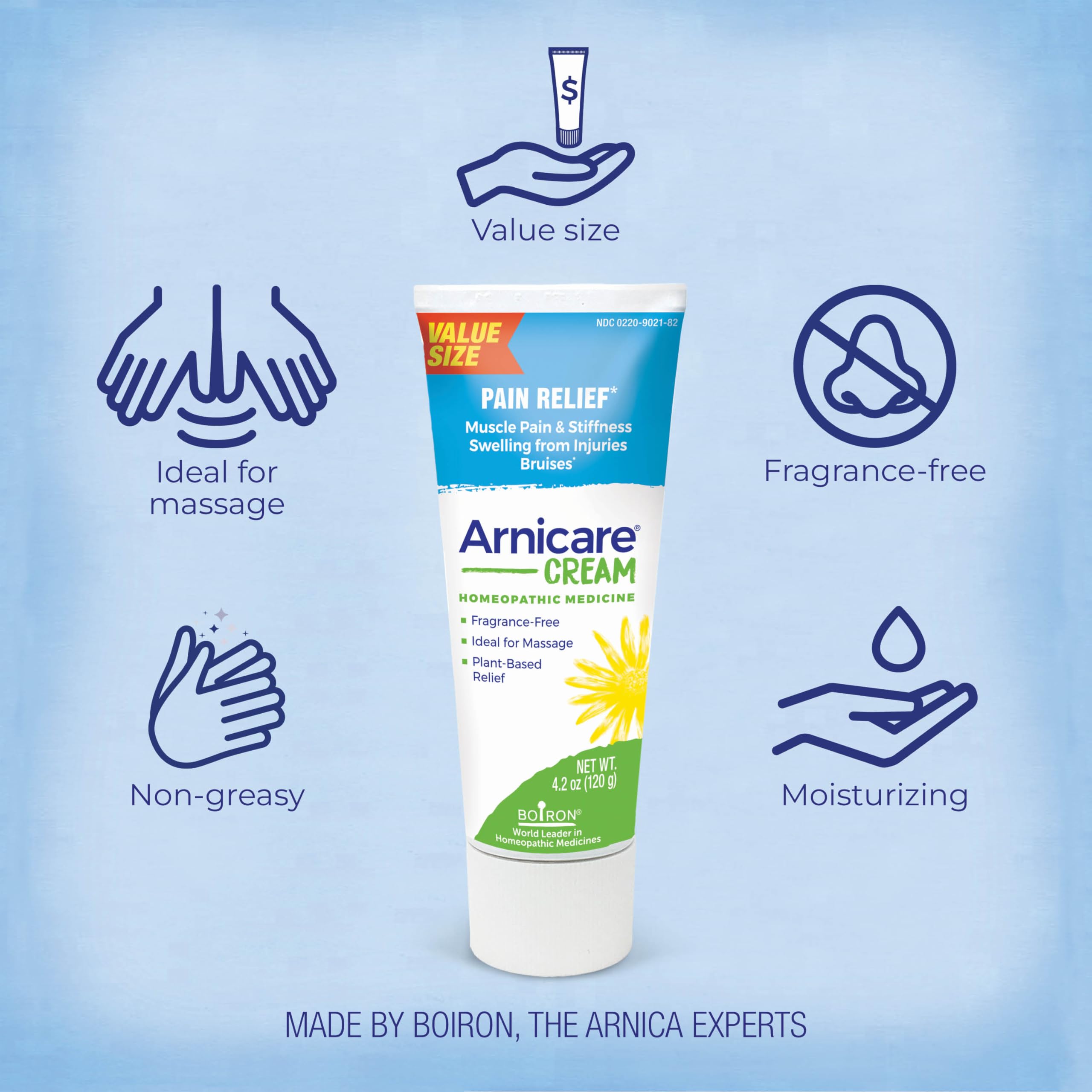 Close up of Boiron Arnicare Cream labeling and Arnica montana active ingredient
