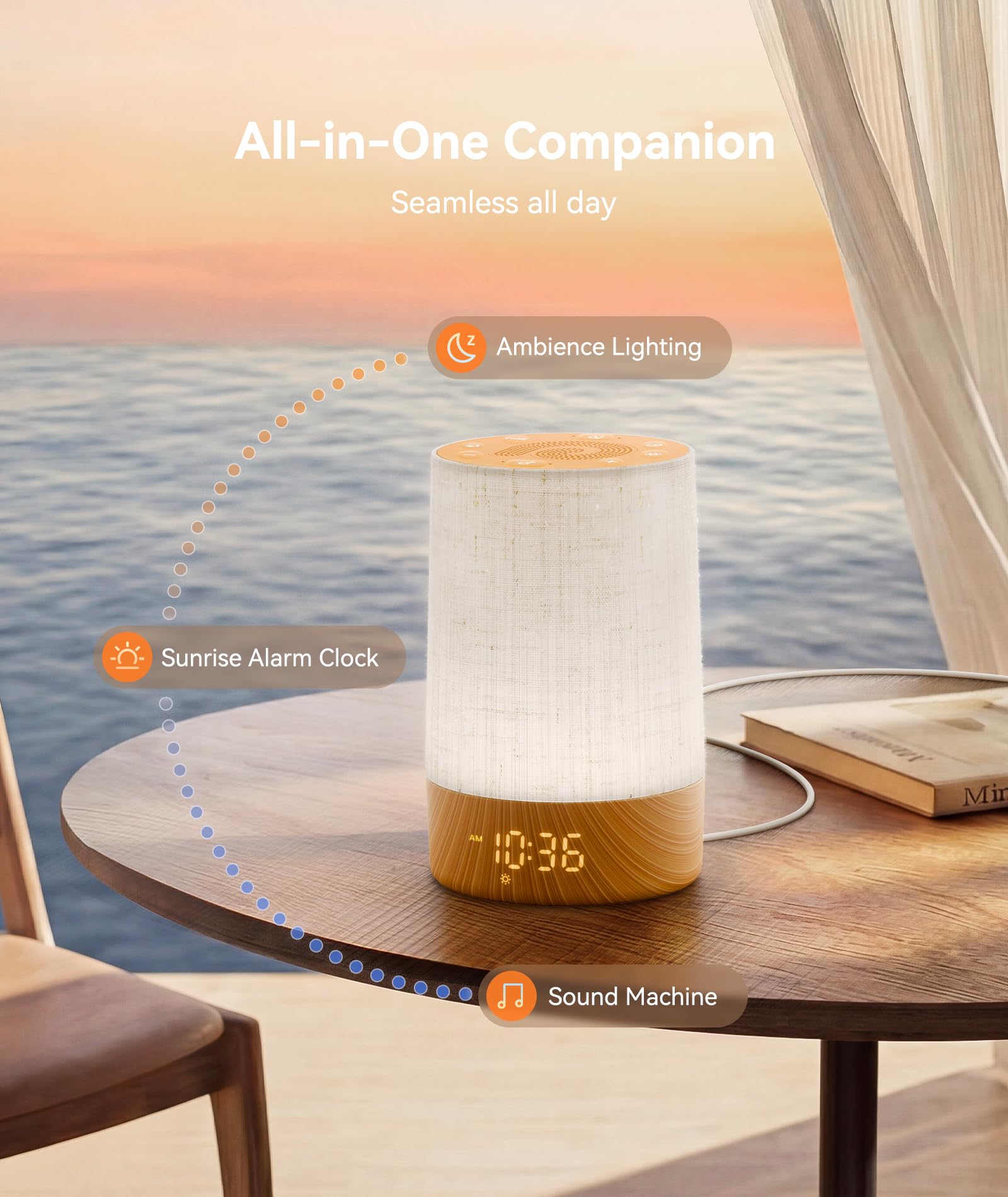 Dreamegg white noise machine showing illuminated dawn simulation light