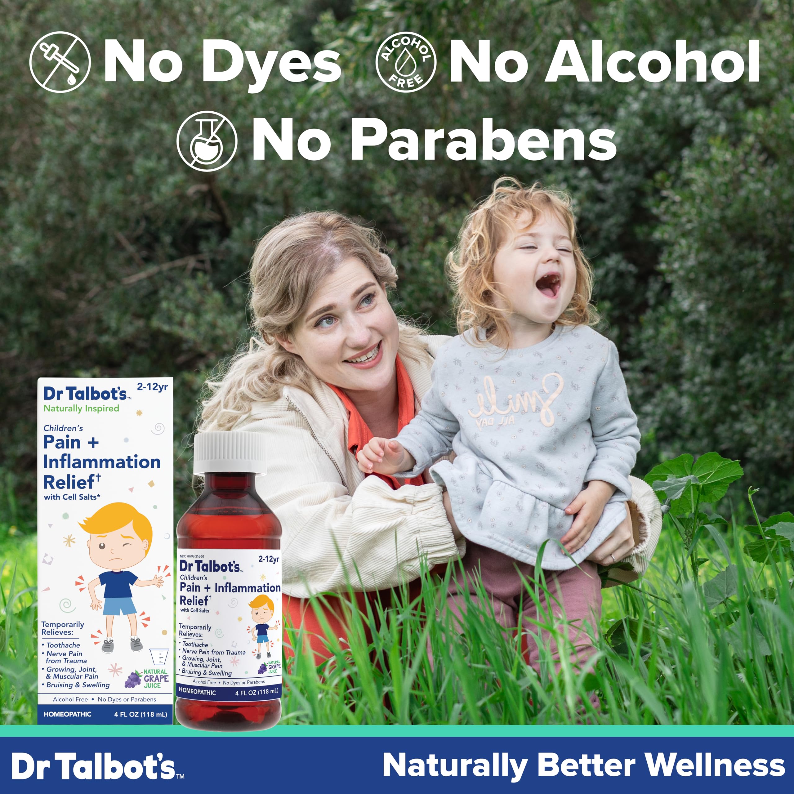 Back label of Dr. Talbot's pain relief liquid showing ingredients