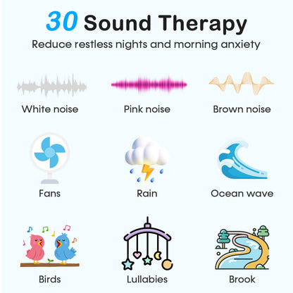 Wkzay sleep therapy device glowing with adjustable multi-color ambient RGB night light on a bedroom nightstand.
