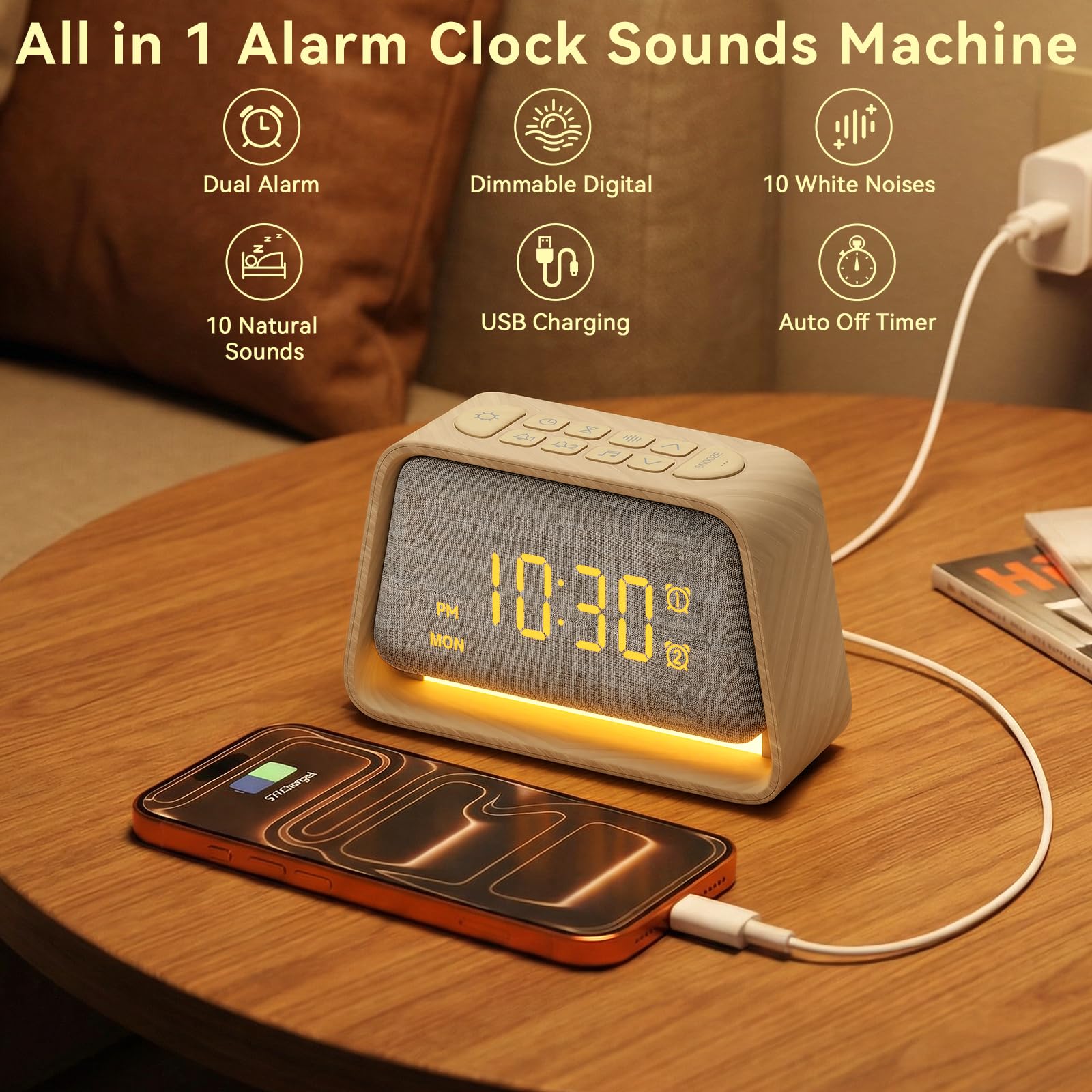 Vivilumens white noise machine displaying the integrated digital time interface and glowing sunrise light feature.