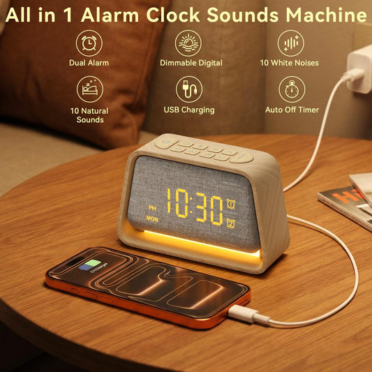 Vivilumens white noise machine displaying the integrated digital time interface and glowing sunrise light feature.