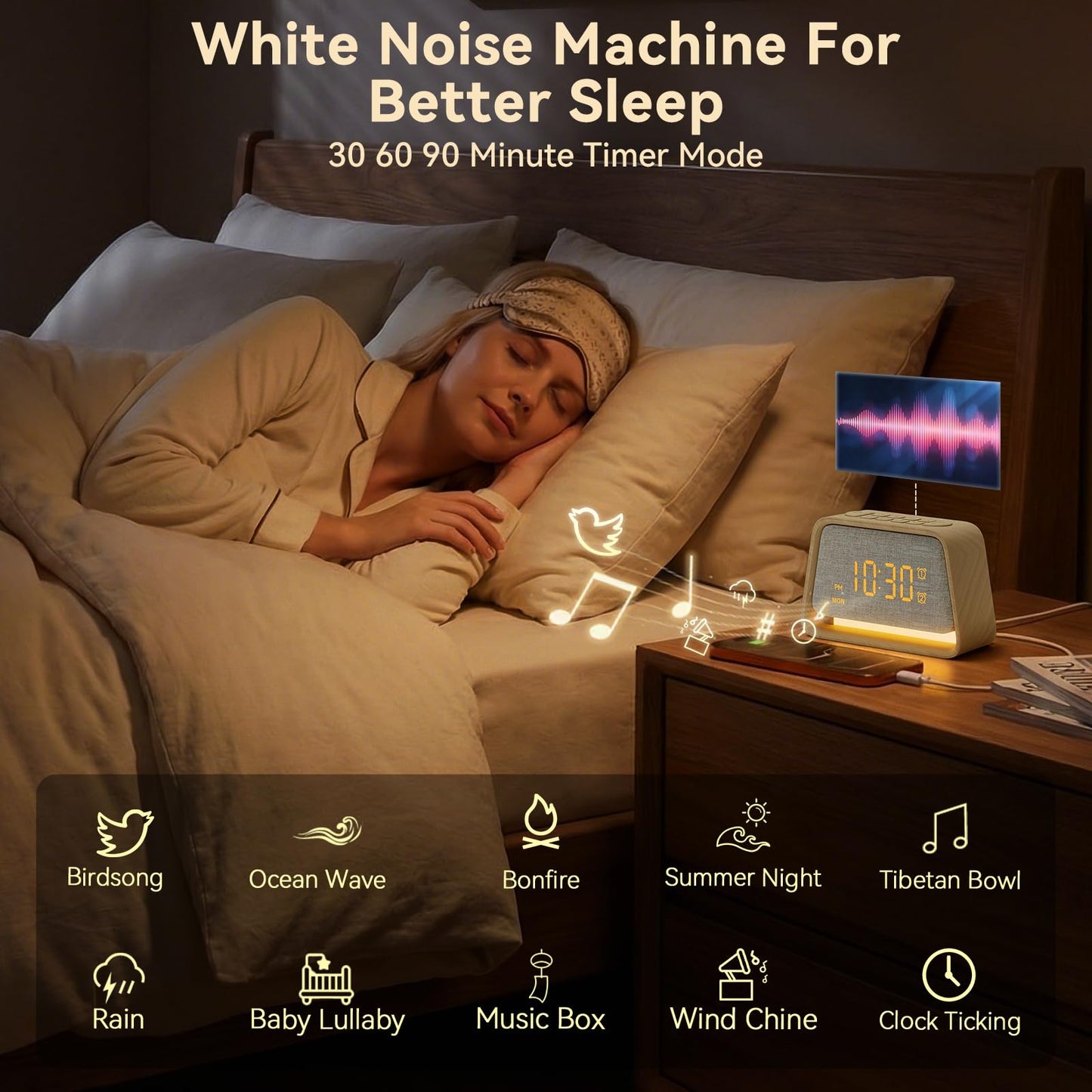 Side view of the Vivilumens bedroom sleep clock highlighting the tactile control buttons and compact design.