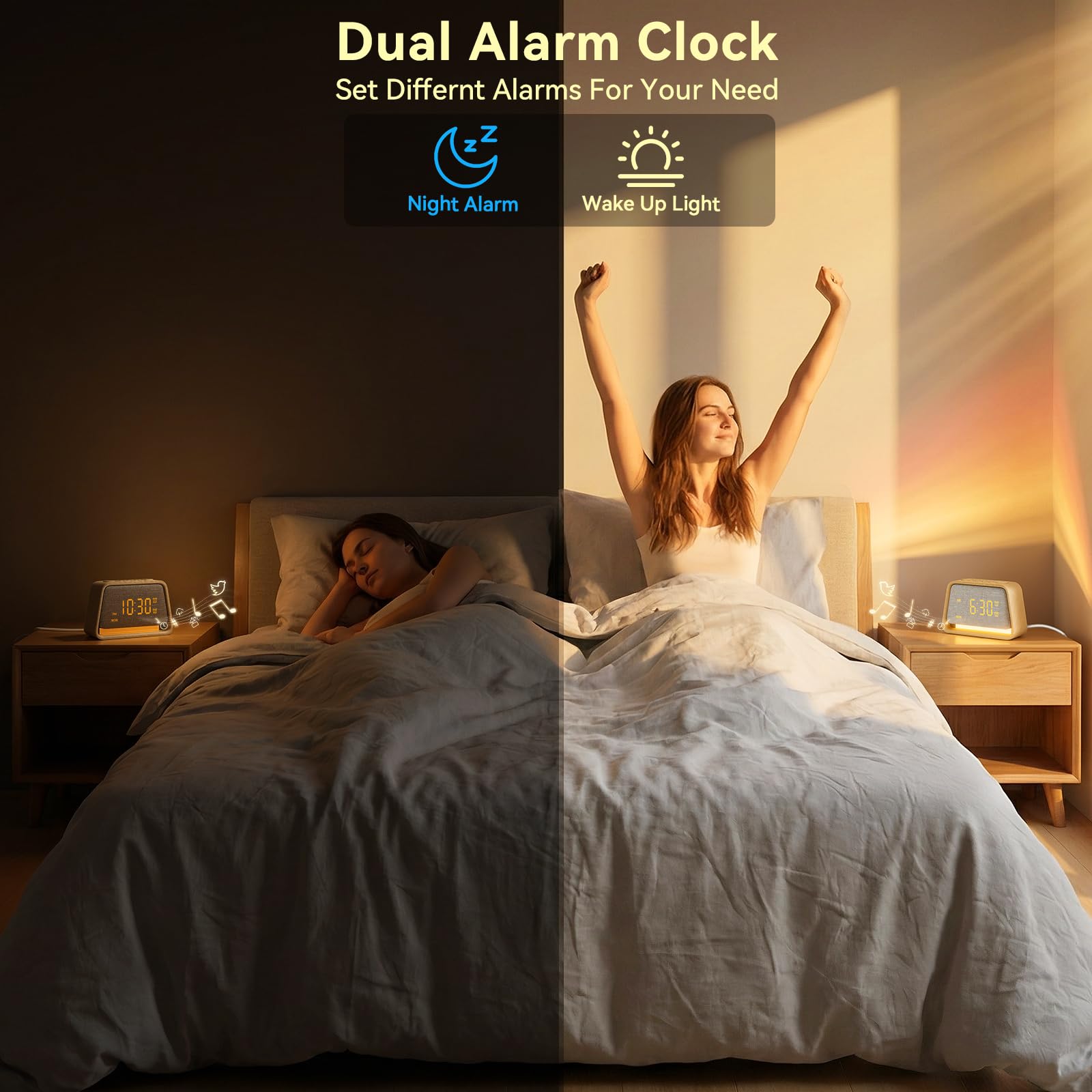 Vivilumens dual alarm device illuminated in a dark room setting to demonstrate the dimmable night light function.