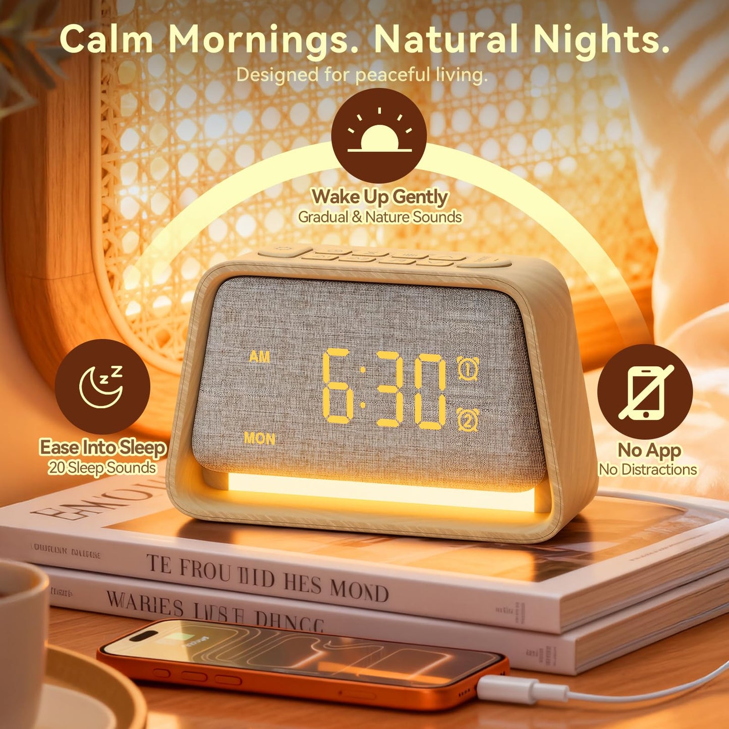 Vivilumens bedside lamp and clock showing the golden yellow natural light glow for morning simulation.