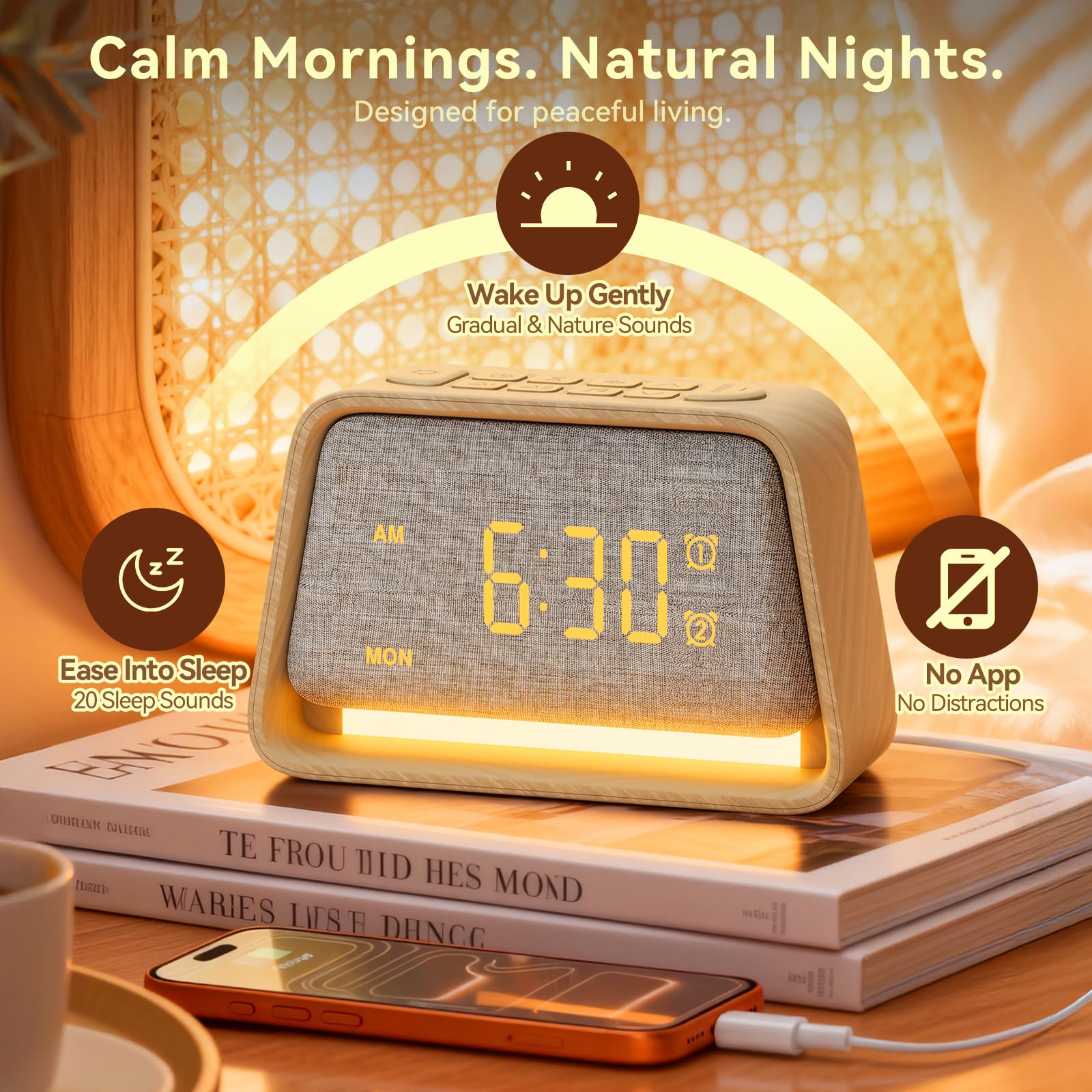 Vivilumens bedside lamp and clock showing the golden yellow natural light glow for morning simulation.