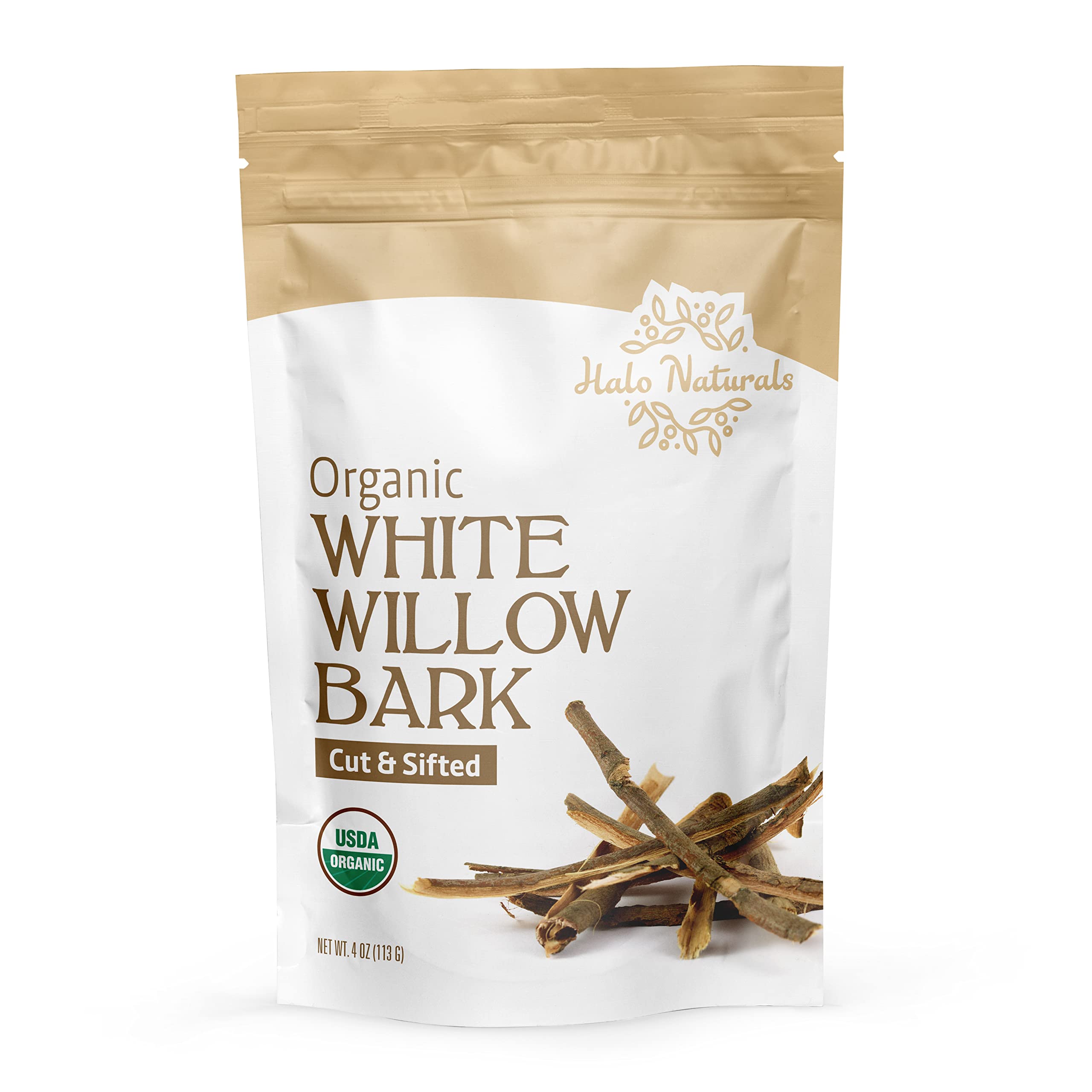 Halo Naturals organic white willow bark resealable pouch label