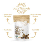 USDA organic certification seal on white willow bark pouch