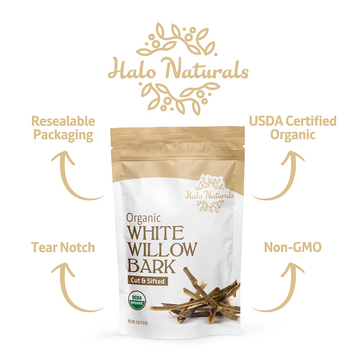 USDA organic certification seal on white willow bark pouch