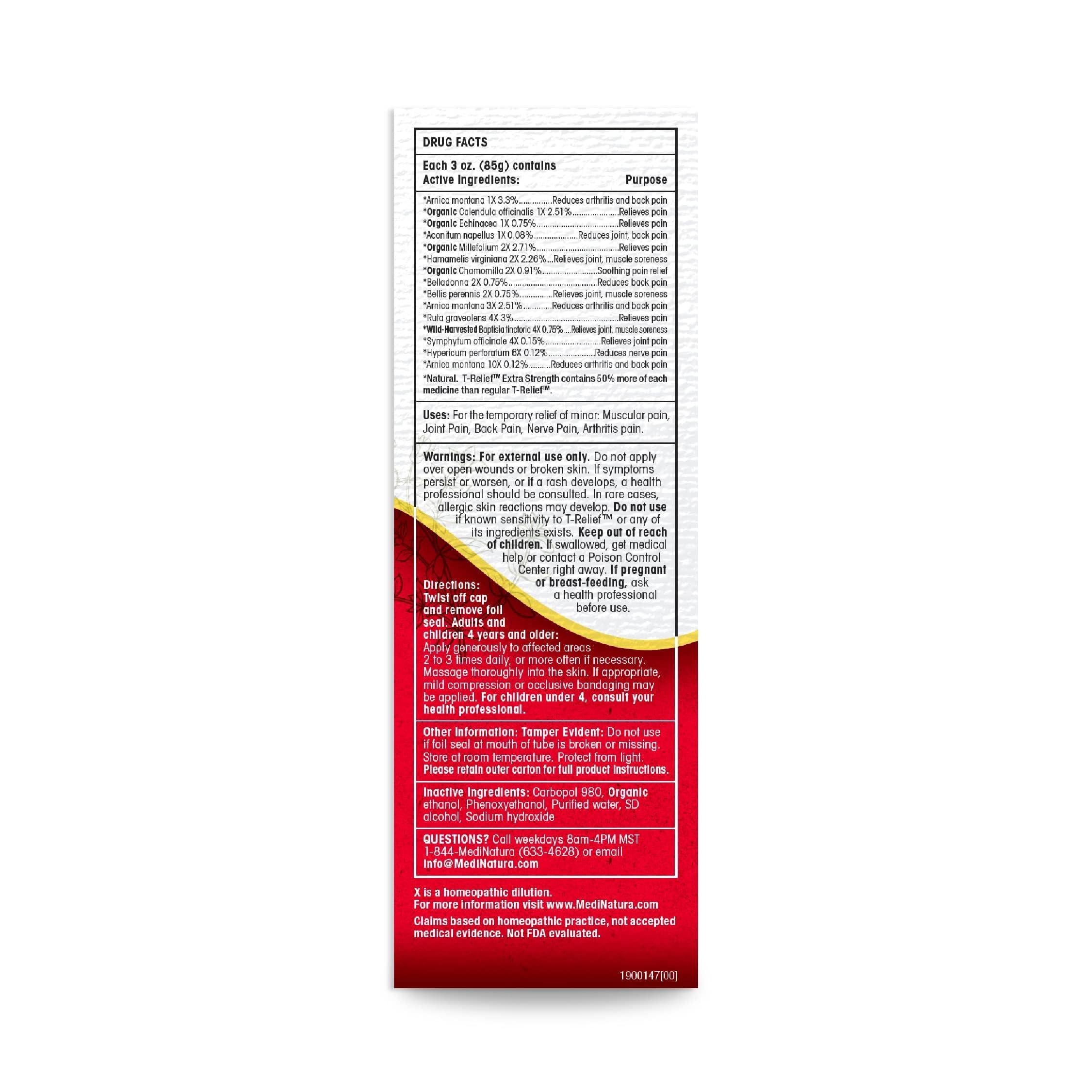 MediNatura T-Relief natural pain relief gel tube label details