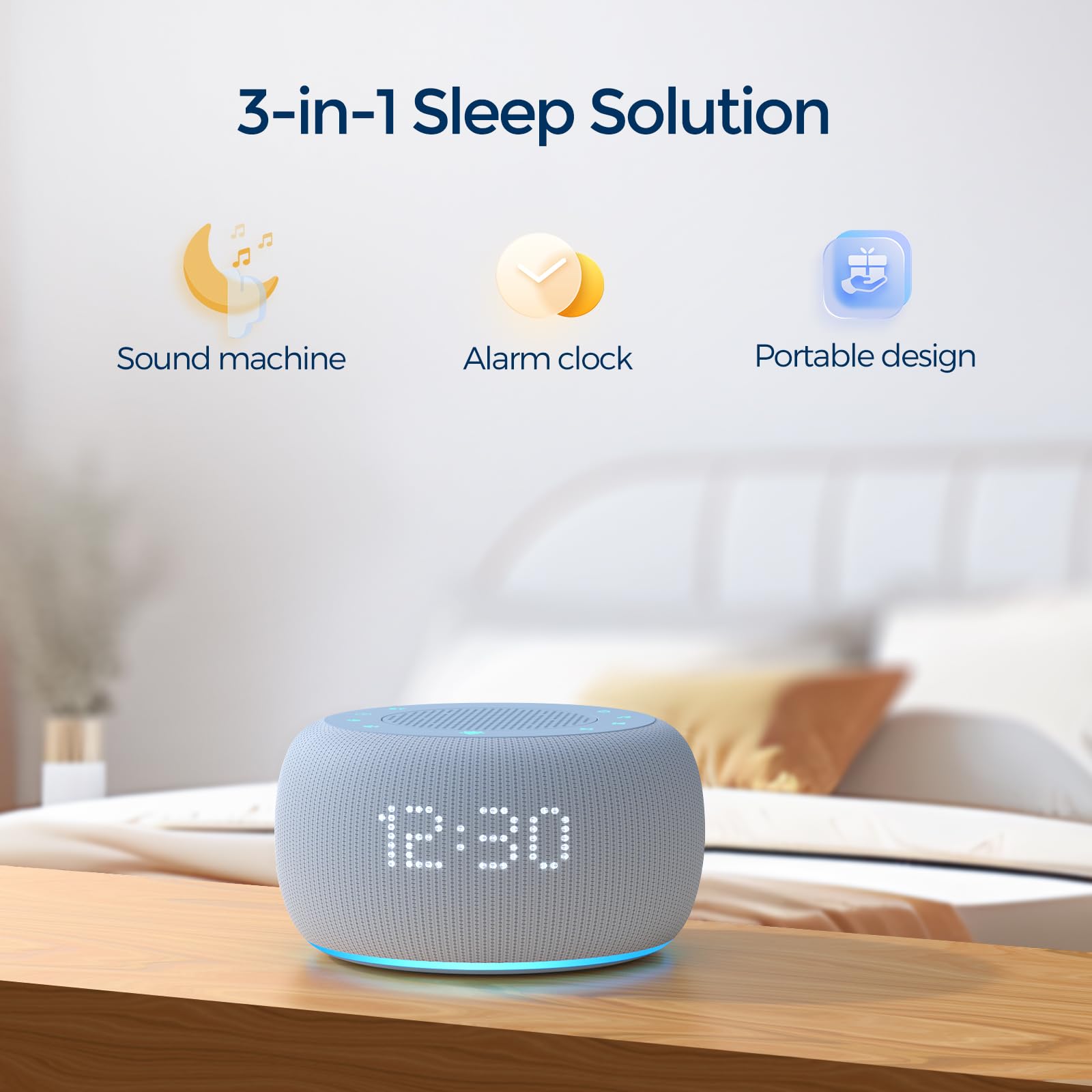 Buffbee portable white noise machine showing the top control buttons and speaker grille.